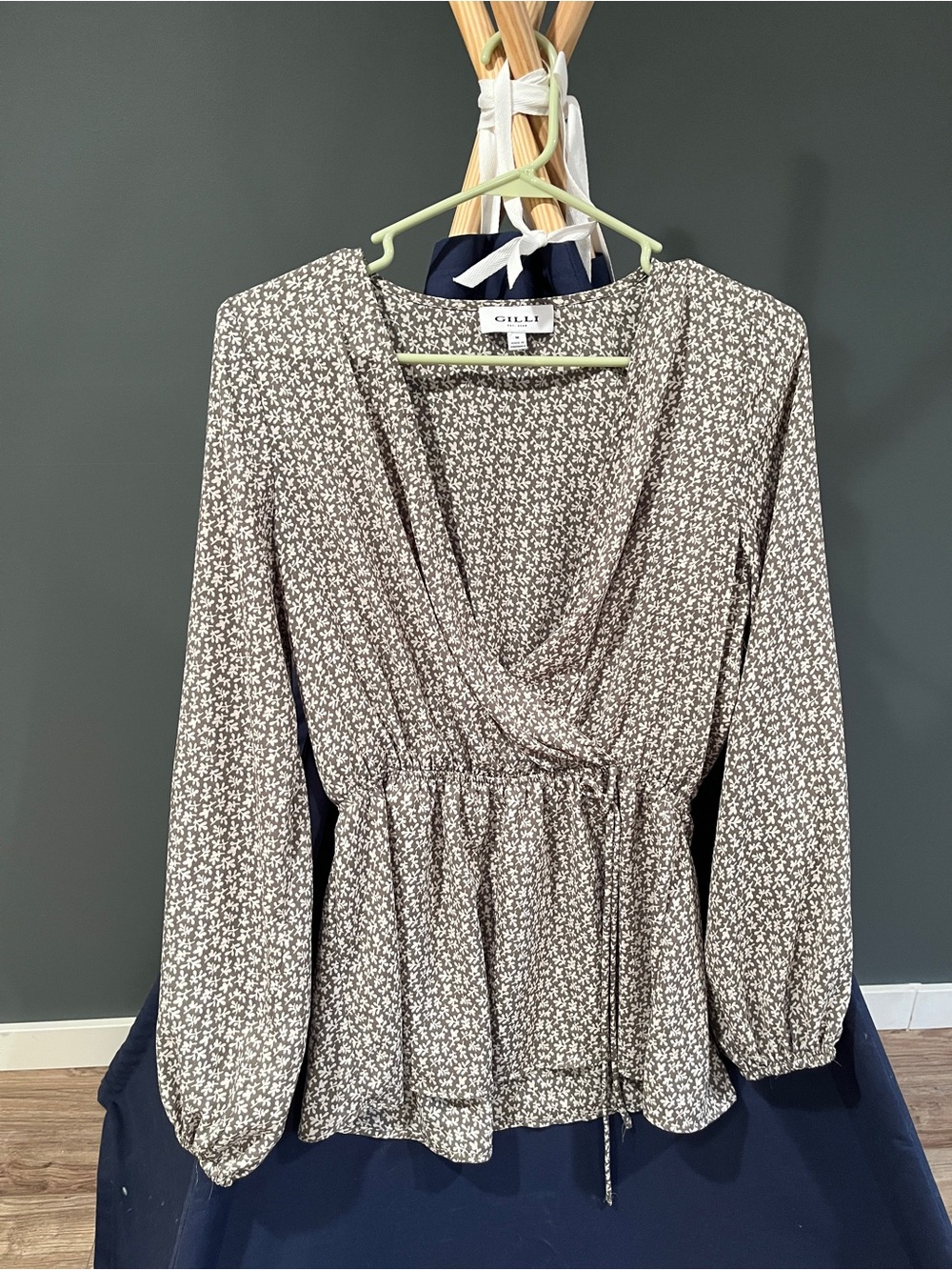 Sage Green Flowy Floral Wrap Blouse
